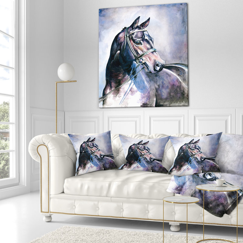 Cheval noir avec bride - coussin imprimé animal, 18 po x 18 po, Coussin décoratif