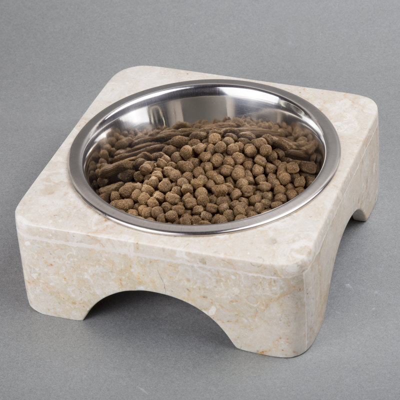 Bol pour animaux surélevé en marbre naturel beige avec insert en acier inoxydable de 1 pte, style festonné arqué