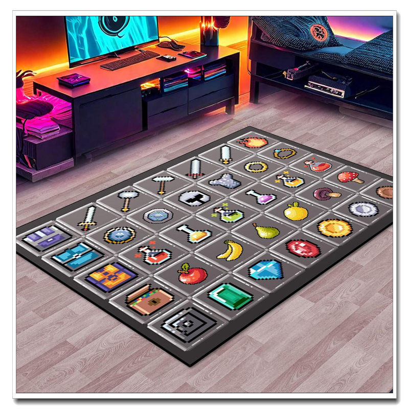 Game Rug Teen Boys 63"X47" Grey Pixel Weapon Medical Non-Slip Carpet For Bedroom/Living Room/Playroom, Rectangle 3'11" x 5'3"