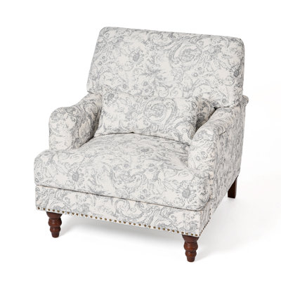Upholstered Rococo Light Gray Nailhead Trim Accent Chair with Throw Pillow and Solid Wood Legs