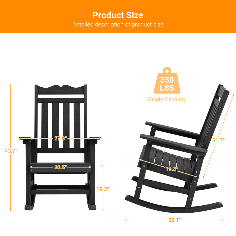 1pc Kailan Plastic Rocking Gliding Adirondack Chair, Black