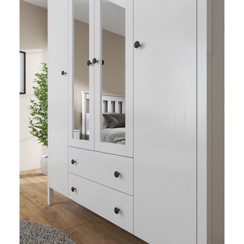 Modern Scandinavian Wardrobe, White & Wood, 55.1 x 76.7 x 22.4 inches | 100% Melamine Coated Particle Board, 0.7 in Thickness | MDF Legs, Metal Handles, Numerous Shelves, Wall-Mountable, Stylish & Functional Design