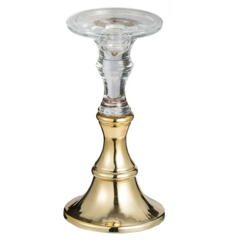 Decorative Candle Holder, 2 Tone Gold And Clear Glass, 9 Inch Tall