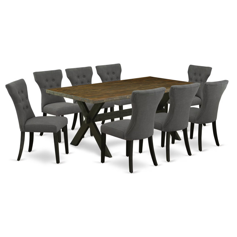 Ensemble de table de salle à manger 9 pièces comprenant une table de salle à manger rectangulaire avec pieds en X et 8 chaises rembourrées en tissu Gotham foncé, finition noire brossée
