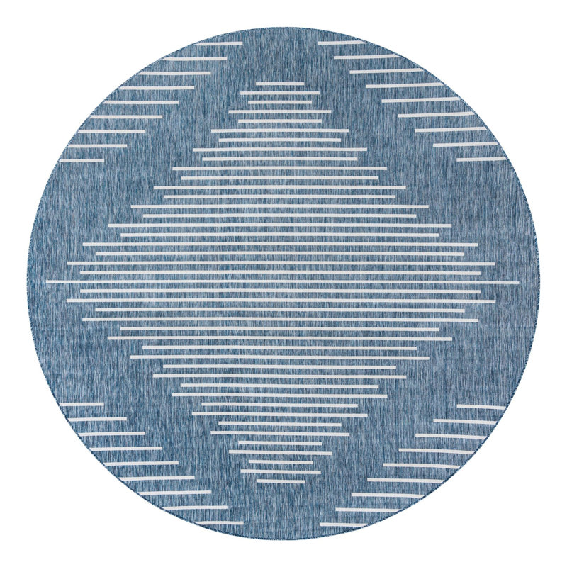 Geometric Machine Woven Polypropylene Indoor / Outdoor Area Rug in Gray/Blue, Round 10'8"