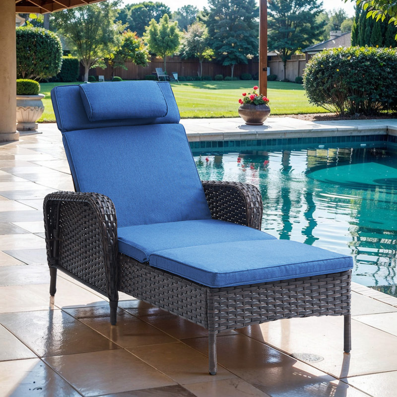Dahlyla Outdoor Reclining Chaise Lounge Chair with Cushions, Brown, Blue