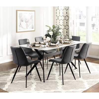 Table et chaises de salle à manger 7 pièces, conception moderne, plateau en pierre frittée, chaises grises, structure en métal noir pour 6 personnes, plateau, revêtement, pieds