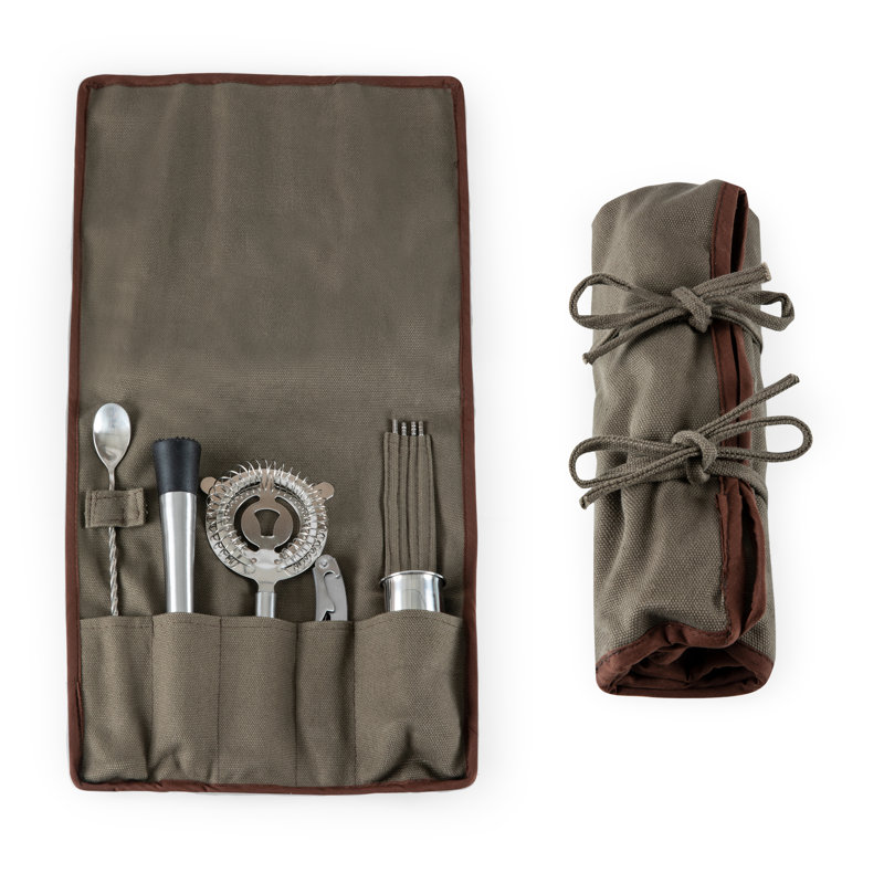 10-Piece Bar Tool Set Roll Up Waxed Canvas Travel Cocktail  Kit