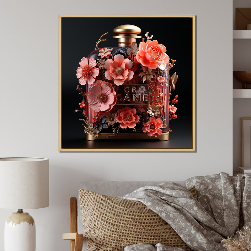 «Perfume Bottle With Pink Blossoming Flowers I», reproduction d'art sur toile, Cadre flottant naturel