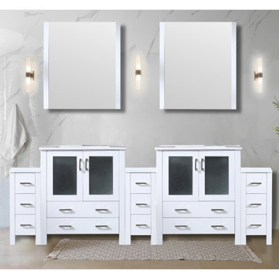Meuble-lavabo double blanc 96 po X P 18,25 po D, avec armoires latérales, plateau en céramique blanche et Miroirs