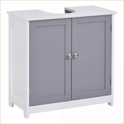 Armoires | Armoire de rangement de meuble-lavabo moderne, découpe en U, tablette interne réglable, 23,5 po, blanc neige et gris ardoise | Panneau de fibres à densité moyenne | Salle de bain