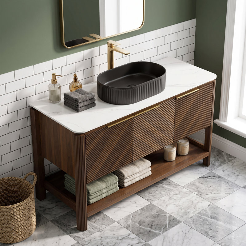 Meuble-lavabo autoportant en noyer foncé 48 po, plateau en pierre frittée et lavabo ovale en céramique rayé noir, 2 portes diagonales rayées avec tablette de rangement ouverte