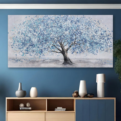 Tree Of Life Wall Art Blue Tree Picture Wall Decor Artwork Framed Abstract Canvas Painting Nature Decor For Living Room Bedroom Bathroom Office Home Decor 48"X24"Can Be Hung Directly