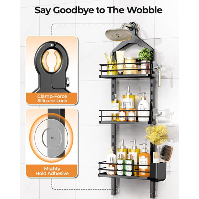 3 Tier Adjustable Shower Caddy Hanging Over Head Anti-Swing ，Shower organizer hanging,no drilling required,comes with removable hook and storage box, suitable for indoor showers