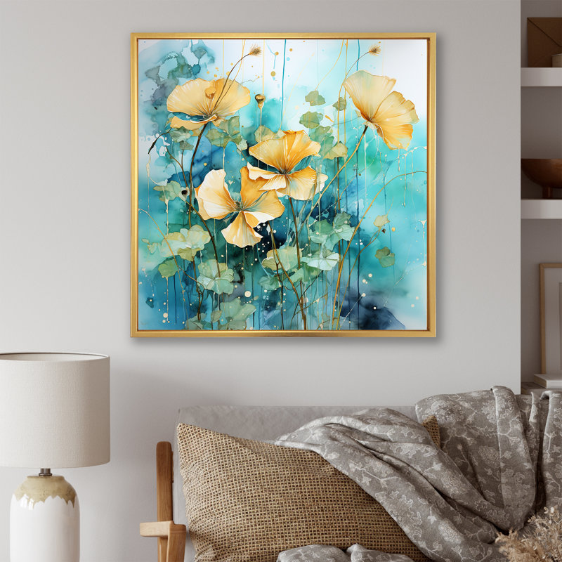 «Yellow Morning Glory Spring Awakening» - art mural Morning Glory, H 16 po x l 16 po x P 1 po, Cadre flottant doré