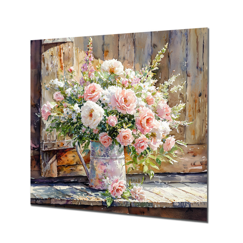 Bouquet de roses d'été à la grange II - Roses, art mural en métal pour le salon, H 16 po x l 16 po