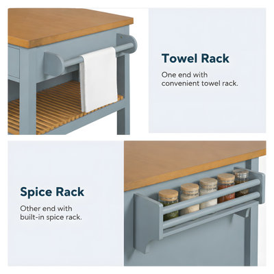 52" Kitchen Island Cart with Rubber Wood Top, Storage Drawers, Open Shelves, and Towel Bar on Lockable Caster Wheels