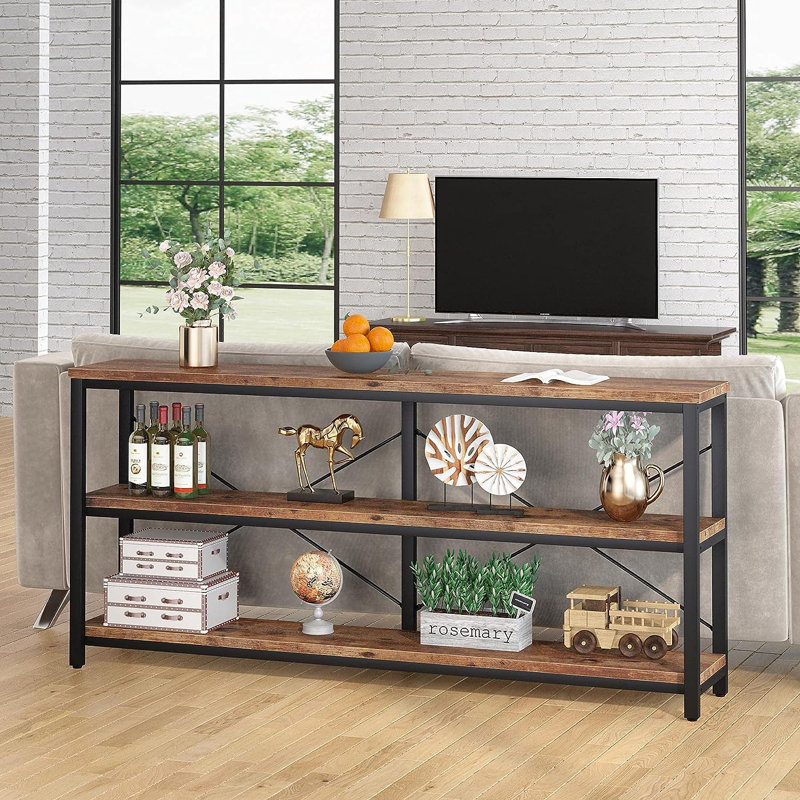 Jeyden Console Table Sofa Table, Brown Top/Black Base