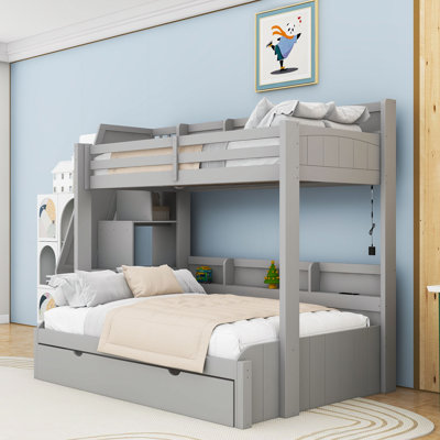 Twin Over Full Wood Bunk Bed With Twin Trundle, Charging Port, LED Light And Storage Stairs