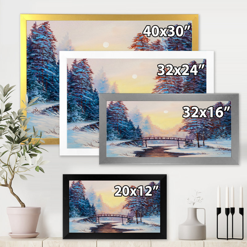 Petit pont et paysage couvert de neige - peinture sur toile, Encadrement doré, H 12 po x l 20 po x p 1 po