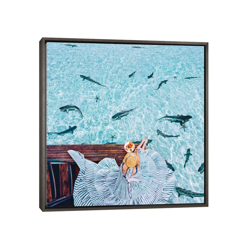 " Breakfast With Sharks " by Hobopeeba, No Mat, Dark Rustic Wood Framed Canvas, 18" H x 18" W x 1.5" D