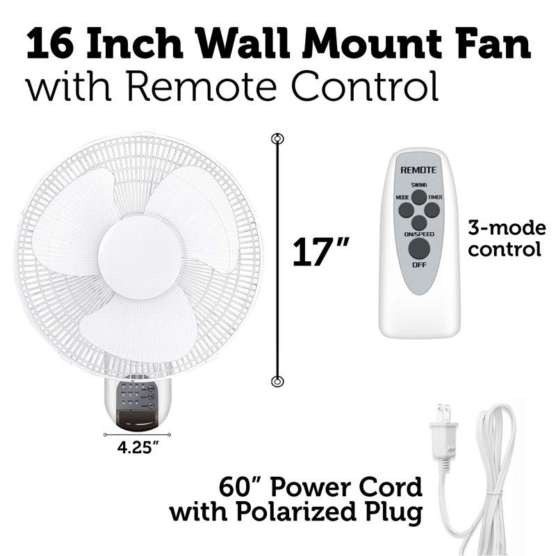 16 in. White Digital Wall Mount Fan with Remote Control 3-Oscillating Modes 3-Speed