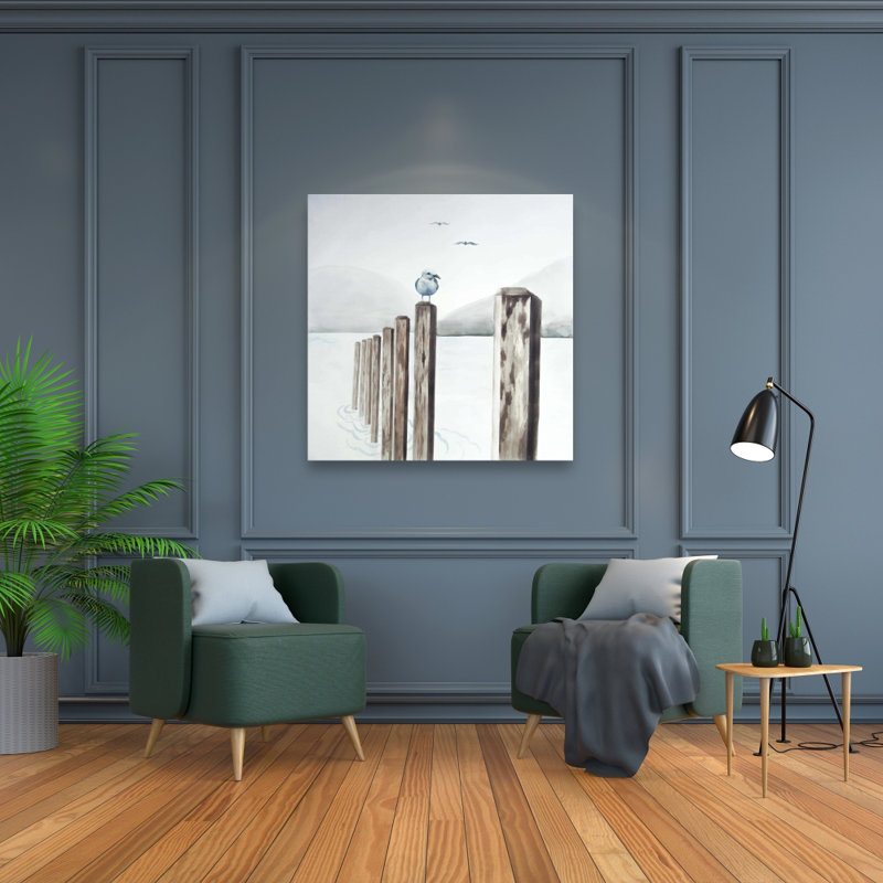 Mouette à la marina - Toile illustrative bleue | Décoration intérieure