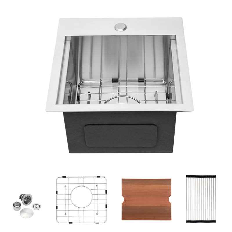 15 Inch X Drop - In Kitchen Sink, Stainless Steel 18 Gauge, Brushed Nickel, Easy To Clean, Single Basin Switchable Modes, X Shape, Water Drainage, Rollup Rack, Template Workstation T304 Steel,