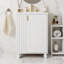 Meuble-lavabo classique 24 po avec lavabo en céramique - Structure en bois de pin massif, porte à fermeture en douceur avec tablette à 2 niveaux, espace de rangement latéral ouvert et sous-lavabo, armoire autoportante pour petites salles de bain-1138914548