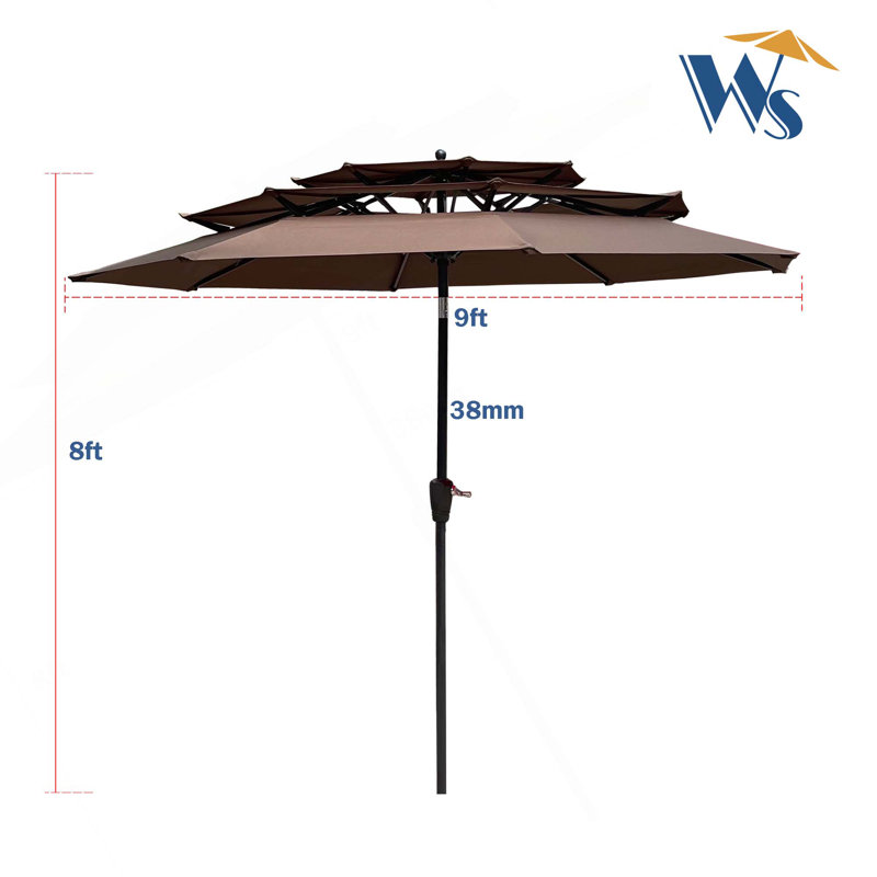 Parasol de patio extérieur à 3 niveaux 9 pi avec manivelle et inclinaison et évents pour terrasse de jardin, Chocolat