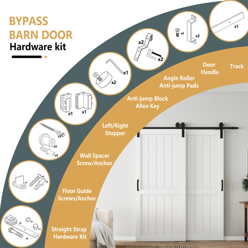 Double Bypass Double Barn Door Sliding Interior Door With Hardware Unfinished Sliding Door(4 panel), 129" x 84"