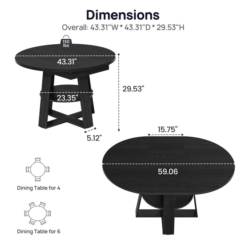 43"–59" Fluted Extendable Oval Dining Table With Storage Shelf, Black Walnut, Seats 4–8, Black