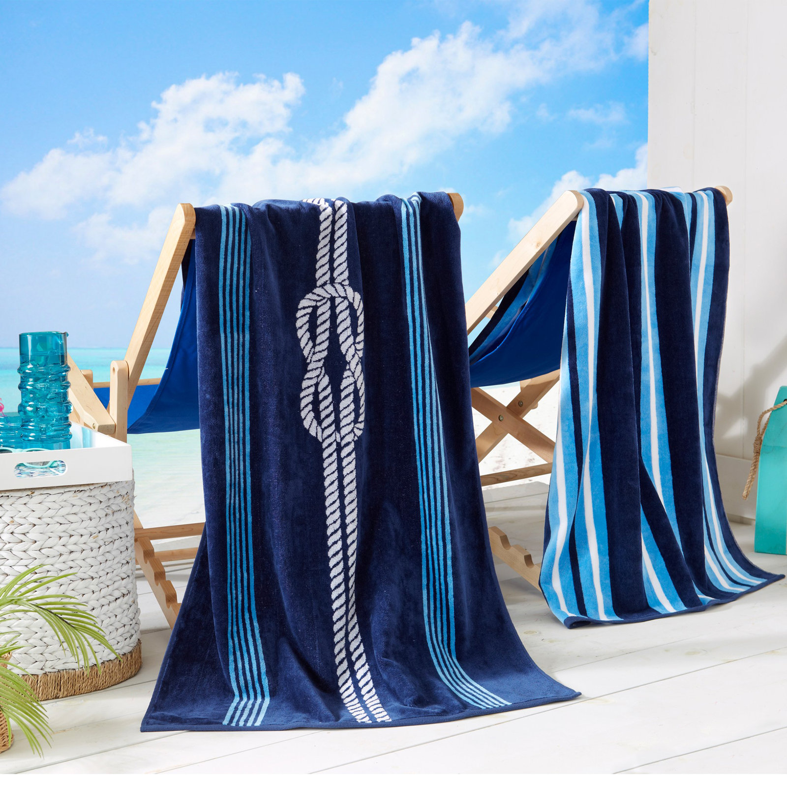 2-Piece Jacquard Cotton Beach Towel Set, Navy/Royal Blue Knot & Stripe