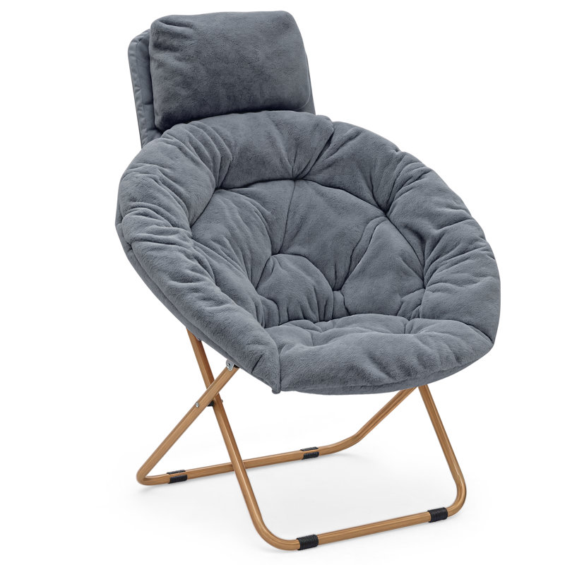 Upholstered Foldable Saucer Chair with Headrest, Cozy Accent Chair Lounge Moon Chair for Living Room Bedroom, Gray