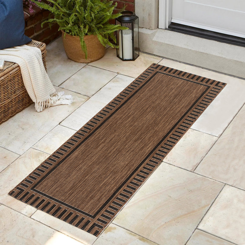 Havana and Black Striped Synthetic Flatweave Outdoor Rug, 2x6