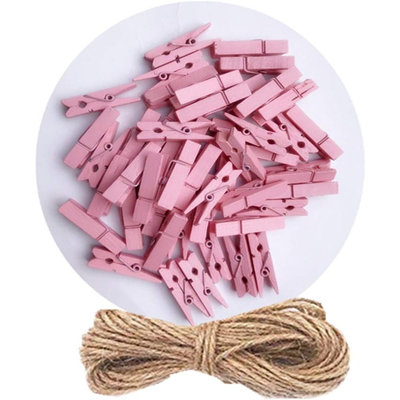 50-Pack Pink Mini Wooden Clothespins with Twine, Small Photo Clips for Pictures, Drawings, Crafts, Party Decorations & Baby Shower Games