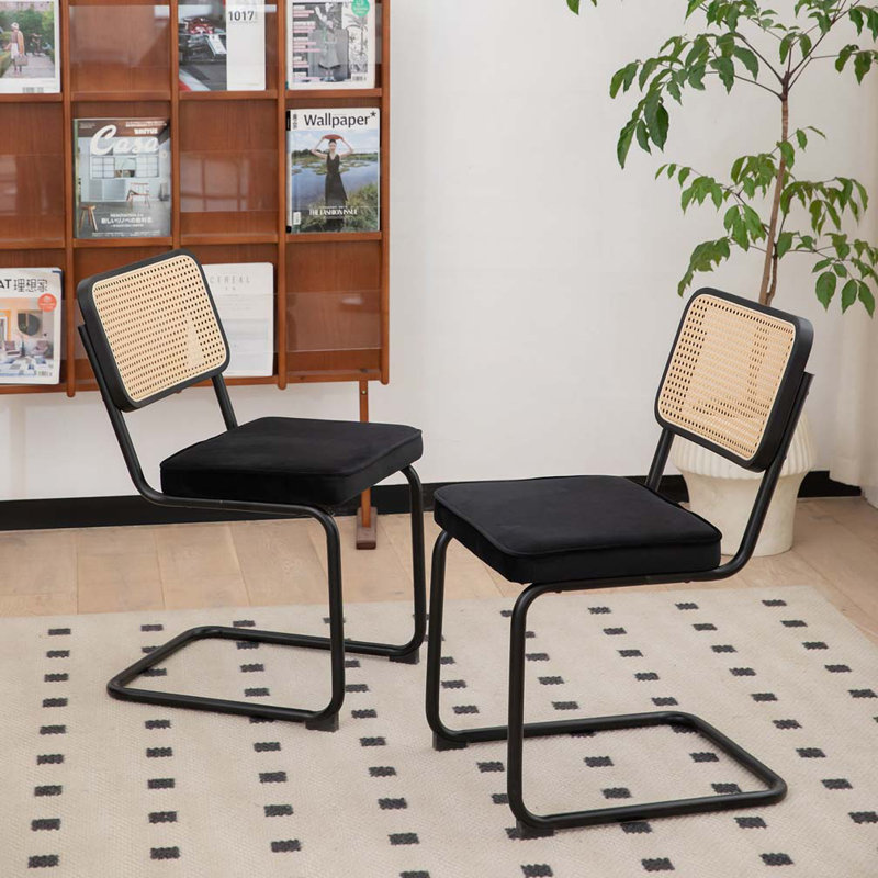 Chaises de salle à manger en velours et rotin avec pieds chromés, Noir, Noir