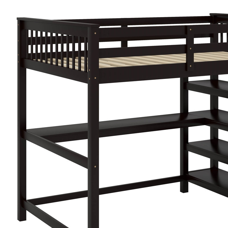 Lit mezzanine double avec tablettes et bureau, Espresso
