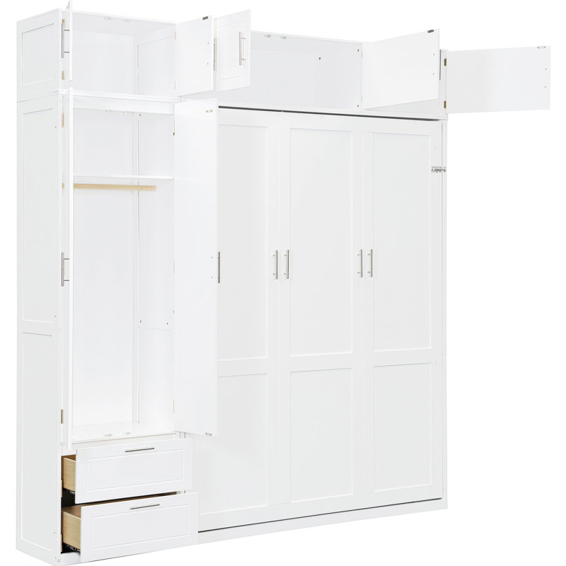 White Space - Saving Foldable Queen Size Wall Bed, With A Smooth Folding Mechanism And Storage Cabinets Three Top Cabinets, Triple Tier Shelf, Comfortable Mattress Support System