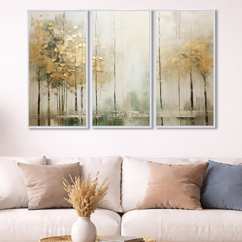 «Minimalisme beige et or forêt II», ensemble de reproduction d'art mural forêt, H 32 po x l 48 po x P 1 po