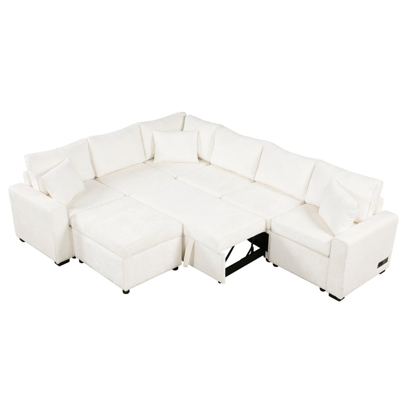 Canapé modulaire de 112,2 po de couleur crème avec lit escamotable pour décoration intérieure moderne, bac de rangement mobile, 3 coussins coulissants et élégant