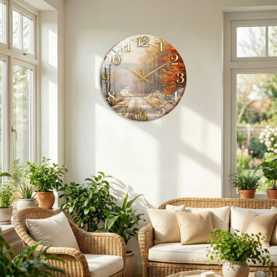Autumn Path Modern Decorated Glass Wall Clock Home Decor Art-23.6"