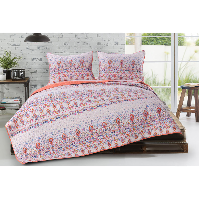 King Size Blue and Coral Microfiber Reversible Quilt Set