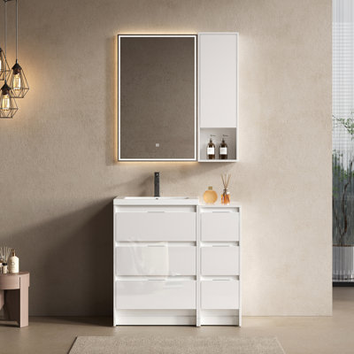 Freestanding 36" Vanity In Bathroom With Resin Sink, One Storage Cabinet And Small Wall Cabinet, Soft Closing Features, Glossy White Plywood For Allure Drawers Door, Space