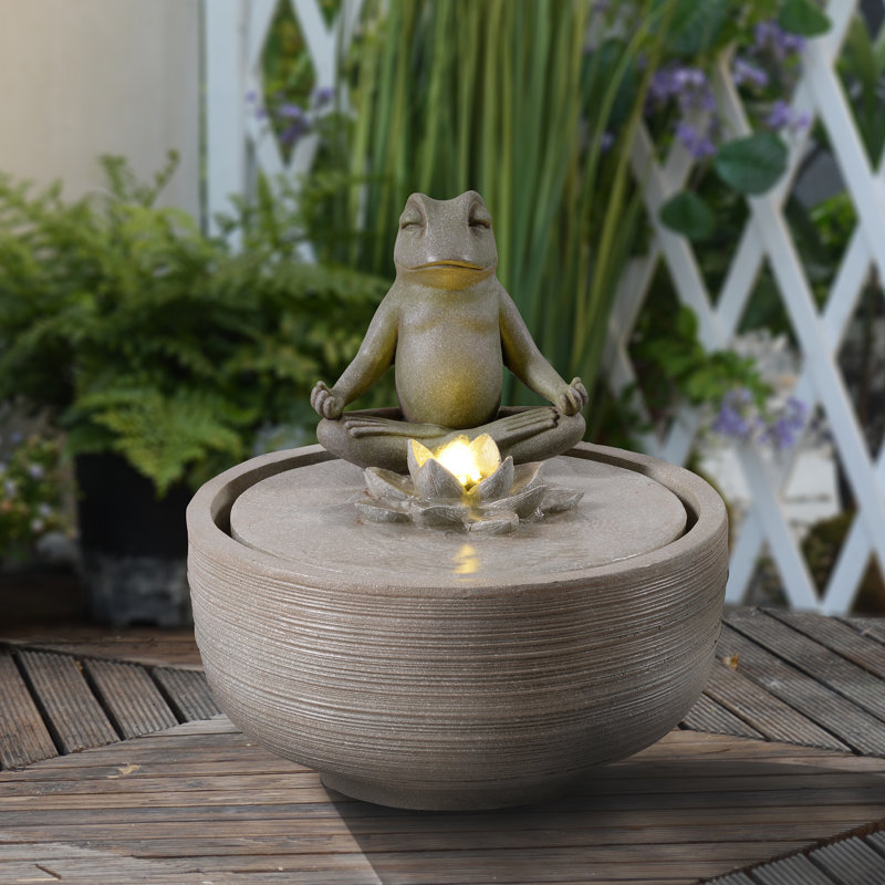 15" H Meditating Frog Water Fountain W/LEDs