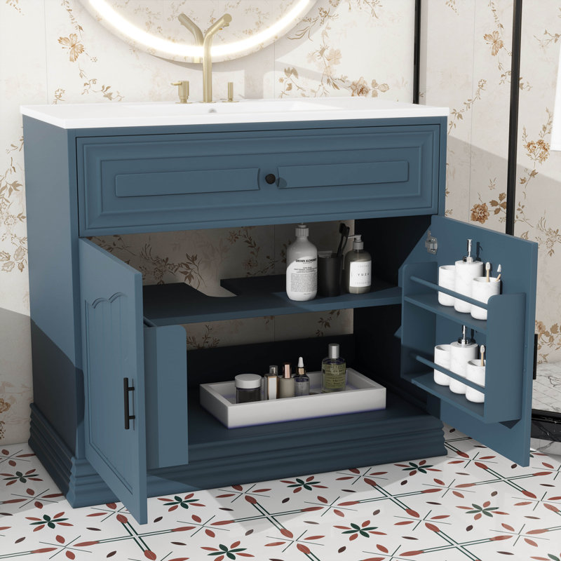 Meuble-lavabo 36 po avec armoire de rangement en céramique, Bleu / Noir