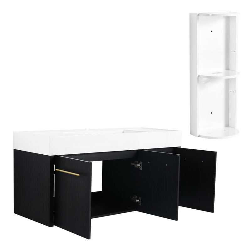 Meuble-lavabo mural: armoire de 48 po, lavabo en résine épaisse, support de rangement à trois niveaux et portes en bois de châtaignier noir durable avec évier à fermeture en douceur, contreplaqué