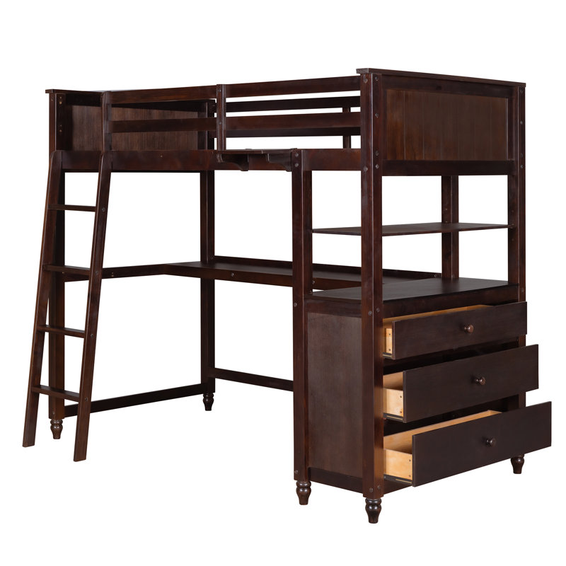 Lit mezzanine avec tiroirs et bureau intégré, lit mezzanine en bois avec tablettes pour un rangement peu encombrant, Brun