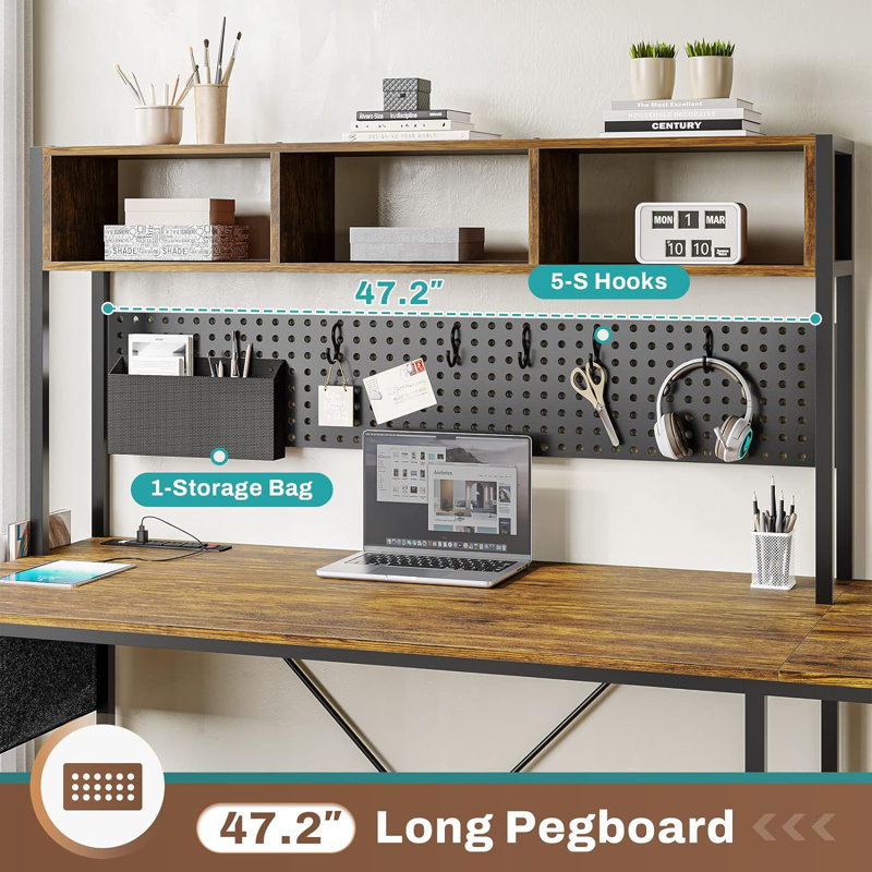 Truet L-Shaped Metal Base Computer Desk with Power Outlet, Rustic Brown/Black