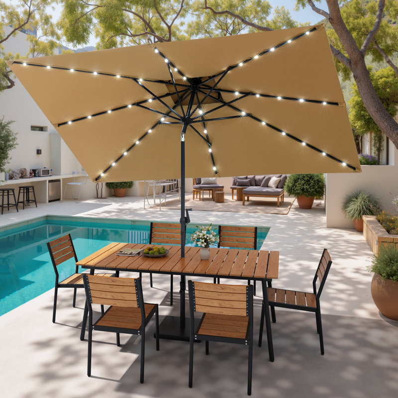 6-Person Aluminum Outdoor Dining Set With Stacking Chairs, Solar LED Light Umbrella And Weighted Base, Tan
